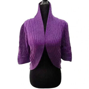 Vintage Cropped Bolero Cardigan Shrug Purple  Pointelle Lace Knit Medium Petite